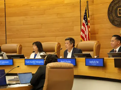 Members of the Cerritos City Council during a meeting.