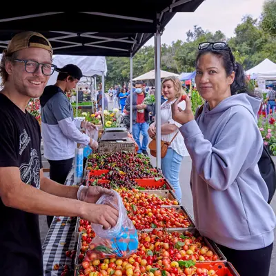 Farmers Market with tomatoes, vendor and customer
